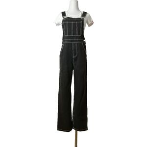 🖤 XS, black denim with white topstitched high waist straight leg overalls